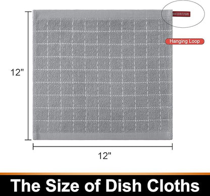 Mordimy 100% Cotton Terry Cloth Dish Cloths, Soft and Absorbent Checkered Dish Towels, Quick Drying Dish Rags for Washing Dishes, 6 Pack, 12 x 12 Inches, Light Grey