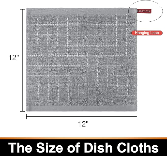 Mordimy 100% Cotton Terrycloth Kitchen Towels and Dishcloths Sets, Soft and Absorbent Checkered Dish Towels, Quick Drying Dish Rags for Washing Dishes, 4 Pack 12" x 12" & 4 Pack 12" x 12", Light Grey