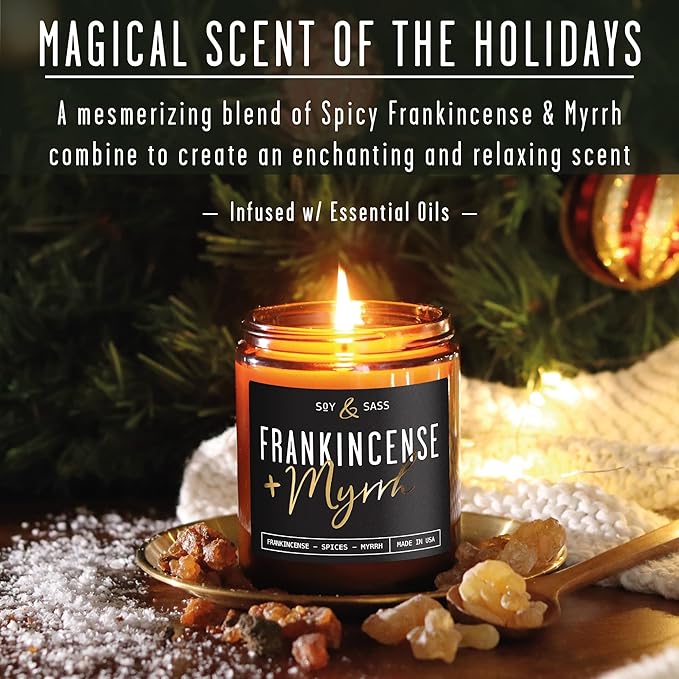 Frankincense and Myrrh Candle, Christmas Candles Scented - w/Spices, Frankincense & Myrrh - Infused with Essential Oils I Frankincense Candle I 9oz, 50Hr, Made in USA