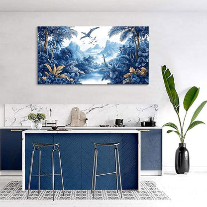 HKDGOKA Vintage Forest Wall Art, Blue Large Jurassic Dinosaur Canvas Pictures Tree Mountains Lake Landscape Paintings Artwork for Bedroom Living Room Kitchen Home Office Decor 24x48 IN