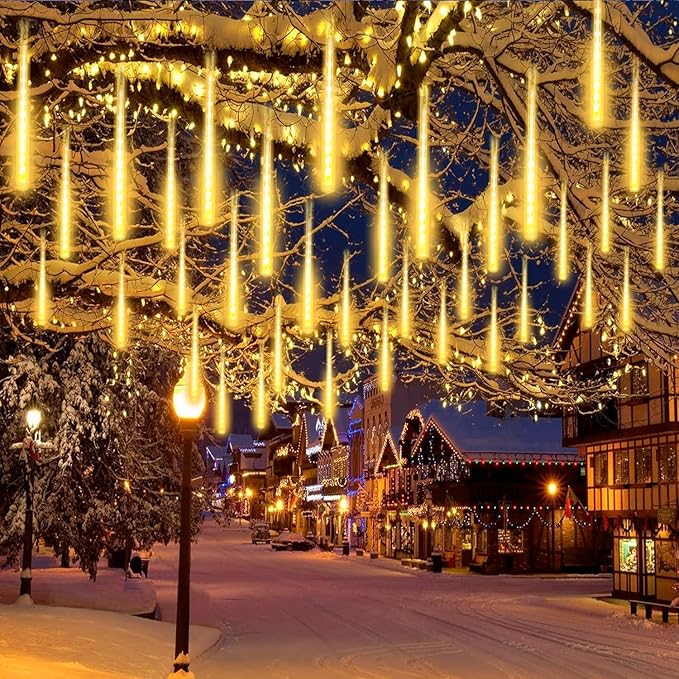 Solar Meteor Shower Lights Outdoor, Waterproof Christmas Lights Decorations Solar Powered 16 Tubes 384LED Icicle String Light, Snow Cascading Rain Drop Light for Xmas Tree Garden Decor (Warm White)
