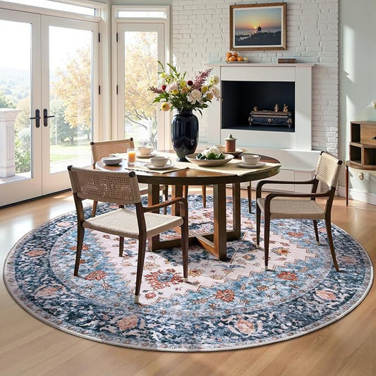SERISSA Boho Round Area Rug, 6ft Washable Non-Slip Circle Rug, Ultra Soft Oriental Vintage Blue Orange Low-Pile Circular Carpet for Bedroom Entryway Kids Room Office College Dorm Living Room