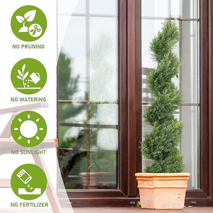 THE BLOOM TIMES 4ft Artificial Topiary Trees Set of 2, 48 inch Faux Cedar Cypress Spiral Topiary Trees Outdoor - Fake Plants for Garden Front Porch Indoor Outside Planter Christmas Decor 4 Foot