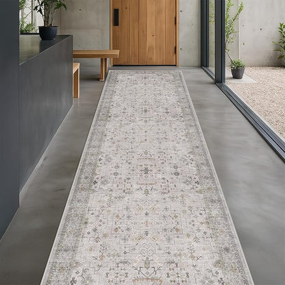 Geometric 3x20 Wide Hallway Runner - Light Gray with Taupe Accent, Boho Floral Pastel Decor, Washable Low Pile Non Slip Stain Resistant Rug for Long Kitchen, Hall Way