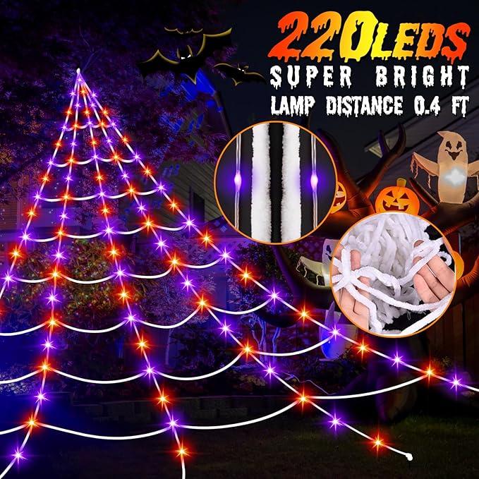 Halloween Decorations Outdoor Spider Web Lights, 16.4Ft 220 LED Lighted Spider Web Light up with 8 Modes Waterproof Timer for Yard House Halloween Outdoor Decor Purple Orange Spiderweb