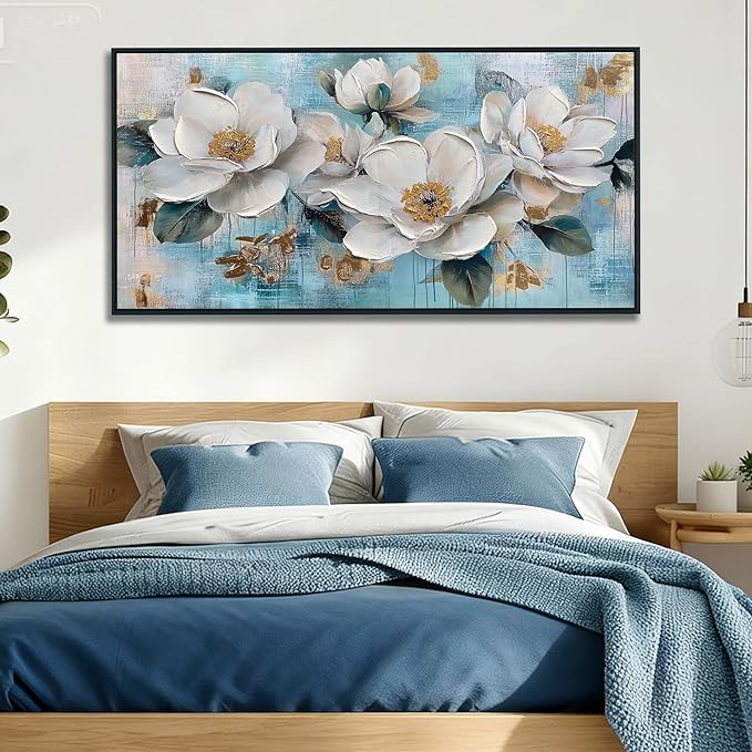 Ardemy White Floral Wall Art, Framed Teal Canvas Wall Art For Living Room Large Magnolia Pictures Wall Decor Flower Paintings Artwork for Walls Dining Room Bedroom Home Office 40"x20"