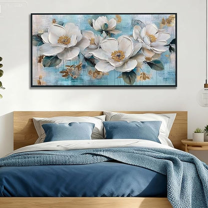 Ardemy White Floral Wall Art, Framed Teal Canvas Wall Art For Living Room Large Magnolia Pictures Wall Decor Flower Paintings Artwork for Walls Dining Room Bedroom Home Office 40"x20"