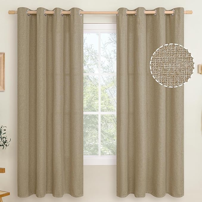 LAMIT Natural Linen Thermal Curtains for Living Room, Grommet Thick Light Reducing Curtains Window Burlap Light Filtering Panels for Bedroom/Farmhouse, Set of 2 Panels, W52 x L72, Tan Brown