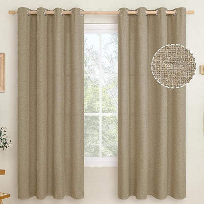LAMIT Natural Linen Thermal Curtains for Living Room, Grommet Thick Light Reducing Curtains Window Burlap Light Filtering Panels for Bedroom/Farmhouse, Set of 2 Panels, W52 x L72, Tan Brown