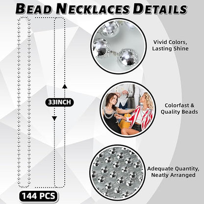 144 PCS Silver Bead Necklaces, Silver Mardi Gras Christmas Beads Necklace, Patriotic Necklaces, 33 Inch Beaded Necklace for Mardi Gras Christmas Party, 4th of July and New Year Eve Festive Events