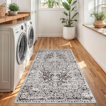 KUTA Vintage Floral Rug 3x5, Area Rugs for Living Room Tan Grey Washable Kitchen Non-Slip, Ultra Soft Printed Distressed Tribal Low-Pile Entry Throw Carpet for Nursery Living Room