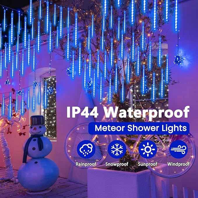 2 Pack Christmas Decorations Lights Outdoor, Extendable Meteor Shower Lights with Timer, Total 384LED 30cm 16 Tubes Indoor Outdoor Rain Light Cascading String Light for Xmas Garden Party Decor (Blue)
