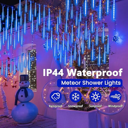 2 Pack Christmas Decorations Lights Outdoor, Extendable Meteor Shower Lights with Timer, Total 384LED 30cm 16 Tubes Indoor Outdoor Rain Light Cascading String Light for Xmas Garden Party Decor (Blue)
