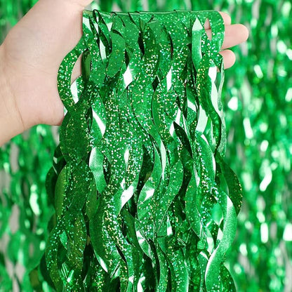 Green Foil Backdrop Curtain - CYLMFC 3 Pack 3.3 ft x 6.6 ft Birthday Streamers Party Curtains Decorations Backdrop Xmas Graduation Decor