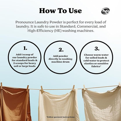 Pronounce Laundry Detergent Powder Alternative | Earth-Derived Ingredients, Eco-Friendly, Safer for Sensitive Skin, Eczema, and Babies. Stain + Smell Fighting. HE Safe (Unscented, 120 Loads)