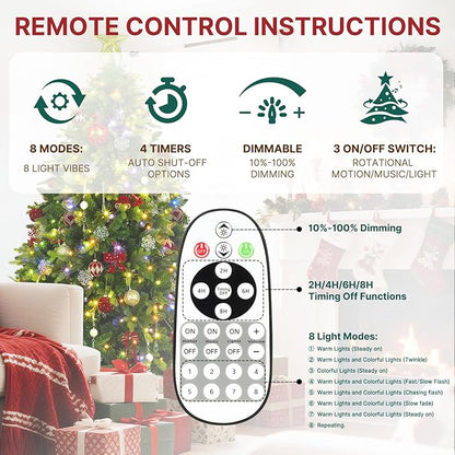 GGOYING 6.5FT Pre-Lit Flocked Christmas Tree with Rotating Stand & Remote, Green Dense Branches, Realistic Holiday Decorations, LED Lights (RGB + Warm White)