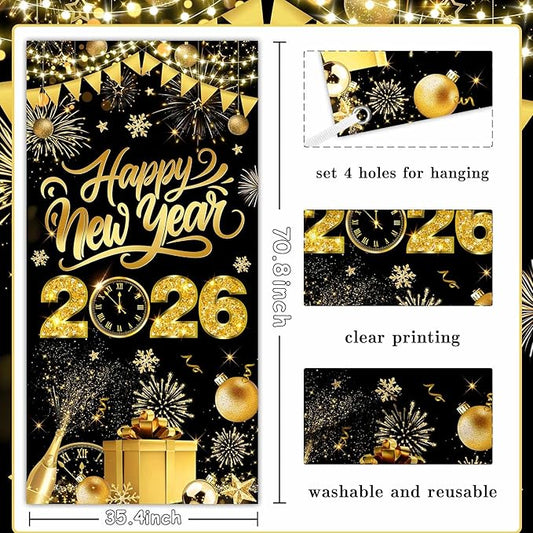 Black Gold Happy New Year 2026 Door Cover, Large 2026 NYE Front Door Banner New Year Eve Party Backdrop Decoration for Indoor Outdoor Festive NYE Hanging Sign