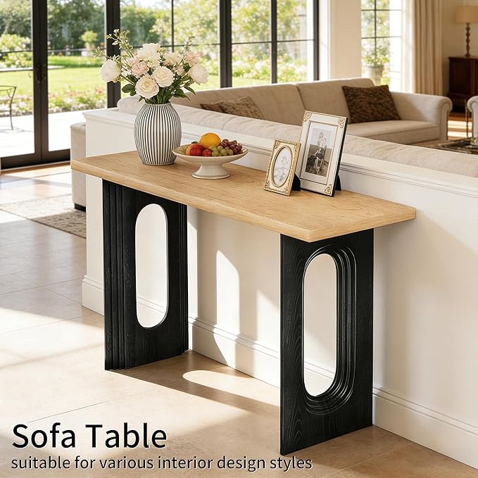 59.2'' Fluted Console Table Modern Farmhouse, MDF Oak Entryway Table with Hollow Legs for Hallway, Sofa Behind Couch, Living Room