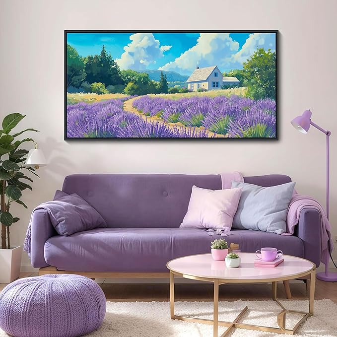 HKDGOKA Blue Landscape Framed Wall Art, Large Purple Lavender Rustic Cottage Spring Scenery Paintings Artwork for Living Room Bedroom Office Kitchen Flowers Prints Pictures Home Decor 29x58 IN