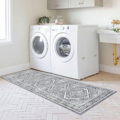 KUTA Oriental Washable Runner Rug, 2x6 Runners for Hallways Non-Slip Vintage Grey Kitchen Rugs Ultra Soft Printed Distressed Tribal Farmhouse Carpet for Laundry Bedroom Living Room