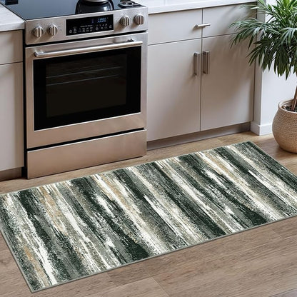 Modern Abstract Runner Rug 2x5, Forest Green Washable Entryway Kitchen Runner Non-Slip Soft Hallway Rug Runner Thin Print Faux Wool Carpet for Bedroom Laundry Room Indoor