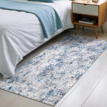 AUKOW Modern Abstract Washable Area Rugs - 3x5 Contemporary Soft Mat Stain Resistant Non Slip Low Pile Indoor Throw Rug for Bedroom Kitchen Office Chair Desk - Grey/Blue