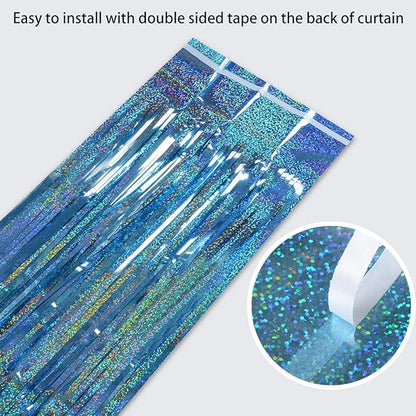 Foil Fringe Curtains Party Decorations - Melsan 3 Pack 3.2 x 8.2 ft Tinsel Curtain Party Photo Backdrop for Birthday Party Baby Shower or Graduation Decorations Light Blue