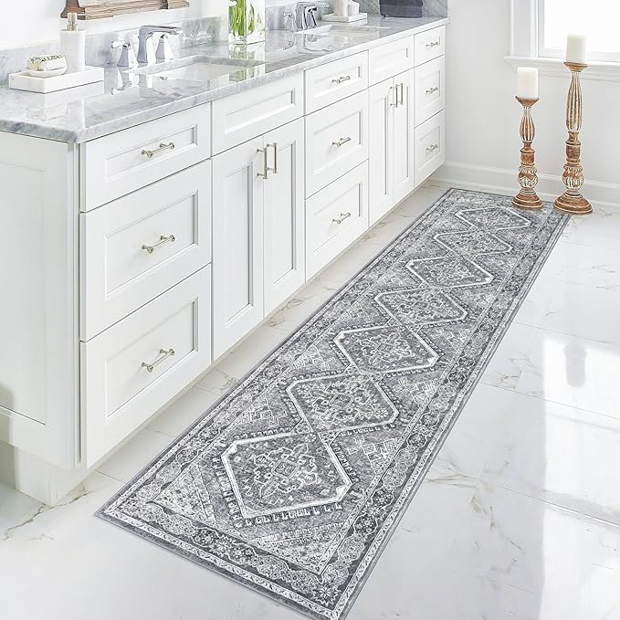 KUTA Oriental Medallion Kitchen Runner Rug, 2x8 Vintage Grey Washable Hallway Runners Non-Slip Ultra Soft Printed Distressed Tribal Floor Carpet Rugs for Bedroom Living Room Nursery