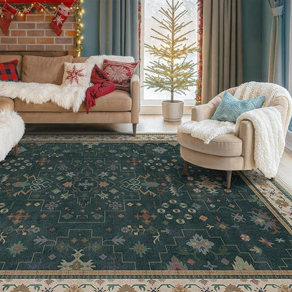 Vintage Dark Green 6x9 Dining Room Rugs for Under Kitchen Table - Washable Livinig Room Rug - Unique Floral Pastel Low Pile Non-Slip Large Area Rugs for Bedroom