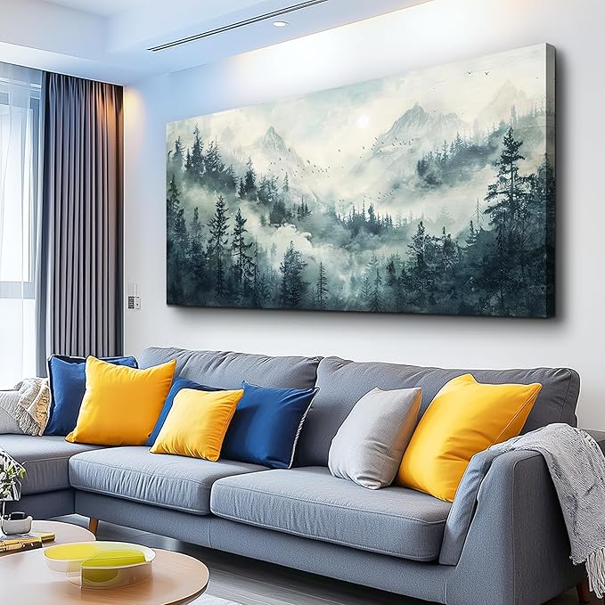 KELIYUAN Modern Large Canvas Print Wall Art Misty Forest Landscape Painting Home Decoration Natural Landscape Artwork Picture Living Room Bedroom Office Wall Decoration Ready To Hang 24x48 Inches