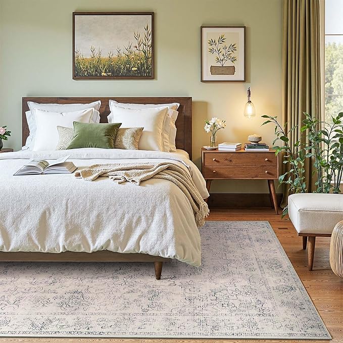jinchan 6x9 Machine Washable Area Rugs for Living Room – Vintage Floral Soft Stain Resistant Low Pile Rug,Non Slip Ultra-Thin Carpet for Bedroom,Dining Room,Home Office,Nursery (6'x9',Ivory)