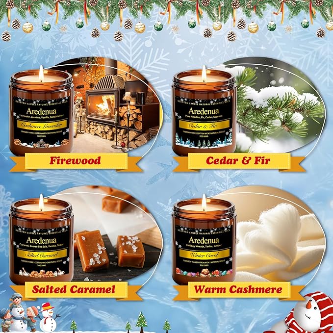 Winter Candles Set | 4 Pack Holiday Scented Candles - Cozy Winter Soy Candle Scents of Warm Cashmere/Firewood/Cedar & Fir/Salted Caramel - Christmas Candle Gifts for Women Men, Holiday Home Décor