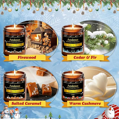 Winter Candles Set | 4 Pack Holiday Scented Candles - Cozy Winter Soy Candle Scents of Warm Cashmere/Firewood/Cedar & Fir/Salted Caramel - Christmas Candle Gifts for Women Men, Holiday Home Décor