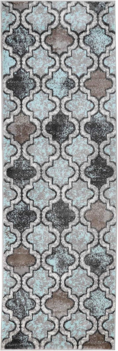 Superior Indoor Area Runner, Jute Backed, Perfect for Hallway, Living/Dining Room, Bedroom, Office, Kitchen, Entryway, Modern Geometric Trellis Floor Decor, Viking Collection, 2' 7" x 10', Turquoise