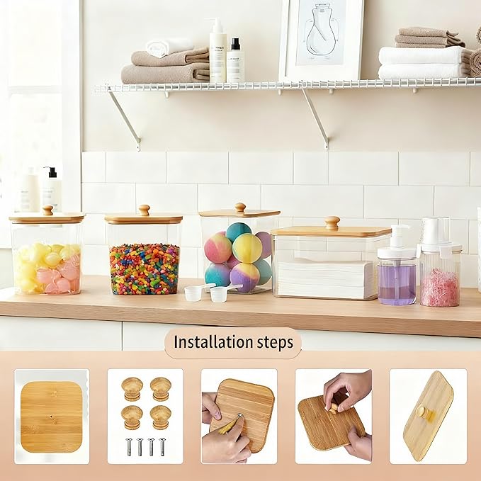 6-Piece Laundry Pod Storage Set. Transparent laundry storage container with bamboo lid and label, ideal for storing fabric softener, liquid detergent, laundry pods, and fragrance boosters.