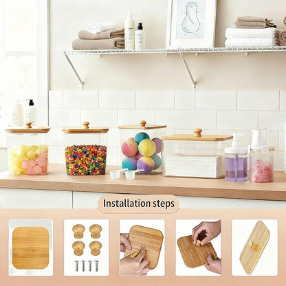 6-Piece Laundry Pod Storage Set. Transparent laundry storage container with bamboo lid and label, ideal for storing fabric softener, liquid detergent, laundry pods, and fragrance boosters.