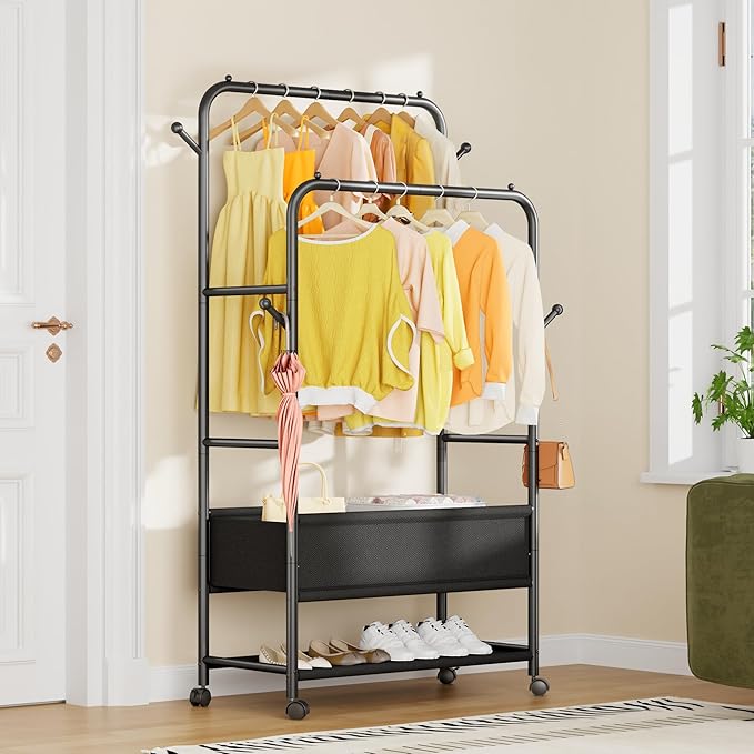 Clothing Racks for Hanging Clothes, Portable Clothing Rack with Wheels Rolling Clothes Racks, Black Garment Racks-Storage Box