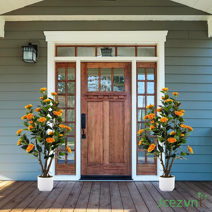 2 Pack Artificial Camellia Tree with White Pot, 38" Faux Potted Plants for Indoor Outdoor Decor, Tall Silk Greenery Plant for Home Office Living Room Balcony, Orange