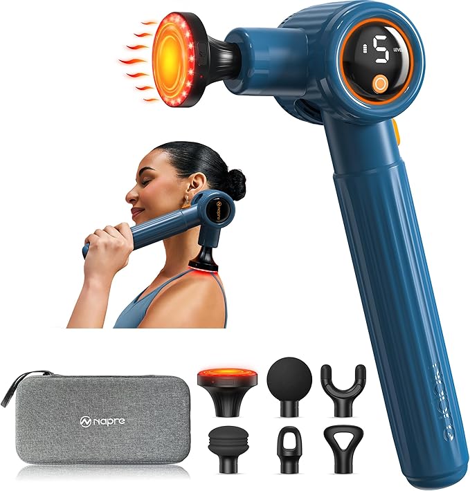 NAPRE Massage Gun with Heat,Massage Gun Deep Tissue with Extension Handle & 3 Adjustable Angles,Handheld Percussion Back Massager for Muscle/Neck/Body Pain Relief with Portable Case,Blue