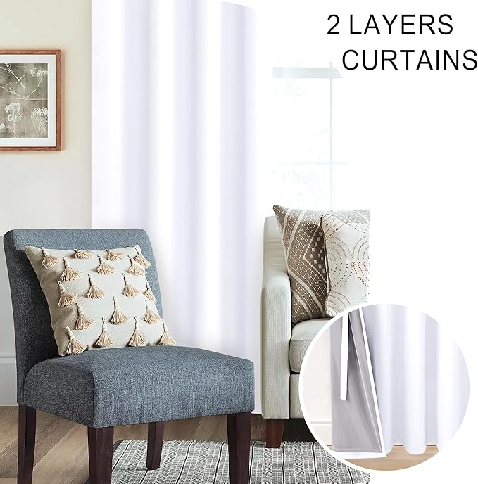 XWZO 100% Blackout Curtains 2 Panels with Tiebacks- Heat and Full Light Blocking Window Treatment with Black Liner for Bedroom/Nursery, Grommet Top, White, W52 x L84 Inches Long, Set of 2