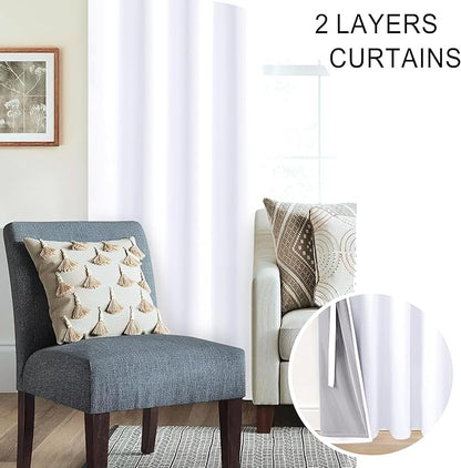 XWZO Full Blackout Curtain - Thermal Insulated Black Liner Curtains, Noise Reducing and Heat Blocking Drapes for Hall and Studio Large Windows with Tiebacks, White, W70 x L63, Set of 2