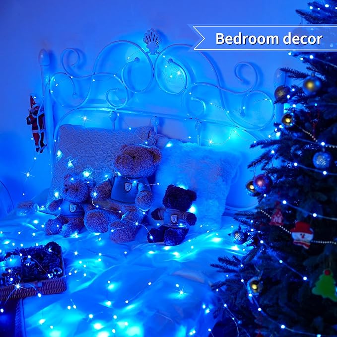 JMEXSUSS 2 Pack Blue Fairy Lights Battery Operated, Total 200 LED 66ft Blue String Lights Waterproof with Remote Timer, Blue Christmas Lights Indoor Decor for Bedroom Wedding Party Decor