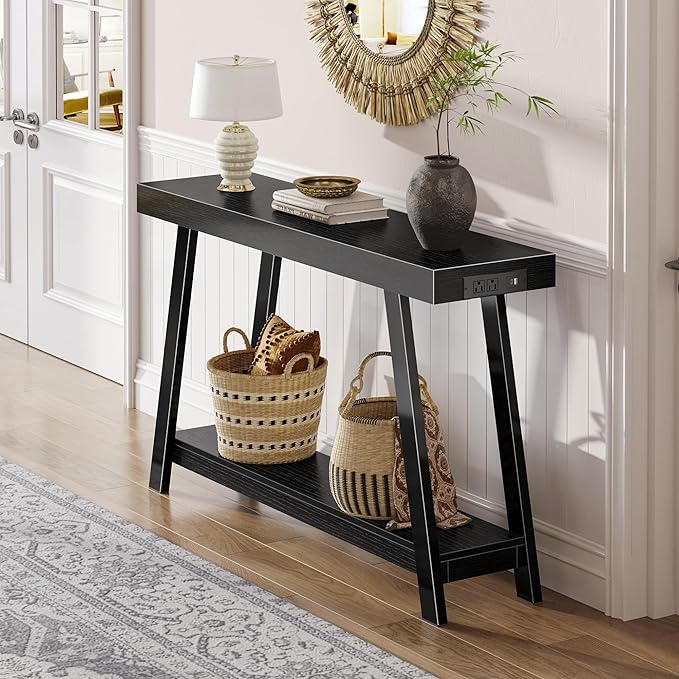Huuger Console Table with Charging Station, USB-C Port, 2 Tiers Entryway Table, 47.2 Inch Sofa Table with Metal Legs, Entry Hallway Table with Thicker Desktop, Modern Behind Couch Table, Black