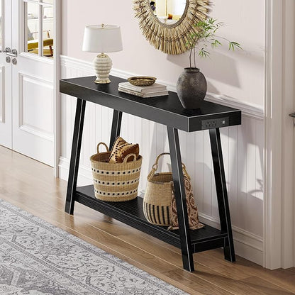 Huuger Console Table with Charging Station, USB-C Port, 2 Tiers Entryway Table, 47.2 Inch Sofa Table with Metal Legs, Entry Hallway Table with Thicker Desktop, Modern Behind Couch Table, Black