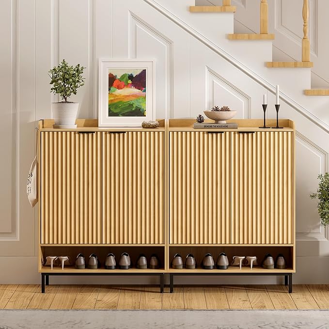 Fluted Shoe Cabinet with Doors, Large Wooden Shoe Storage Cabinet with Adjustable Shelves, Modern Tall Freestanding Shoe Rack Organizer for Entryway, Hallway Natural Oak