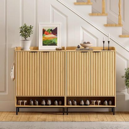 Large Shoe Cabinet with Doors Set of 2, Fluted Wooden Storage with Adjustable Shelves, Hanging Rod Modern Tall Freestanding Shoe Rack Organizer for Entryway, Hallway Natural Oak
