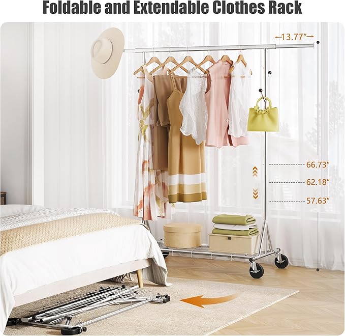Heavy Duty Clothes Rack Load 530 LBS Metal Clothing Garment Rack Hang 200 pieces of clothing on Wheels Collapsible Rolling Portable & Adjustable with Hook for Hanging Clothes