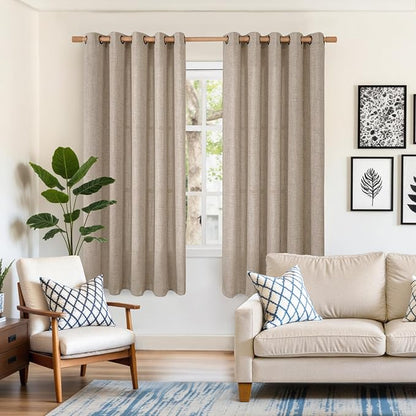 YoungsTex Linen Curtains 63 Inches Length Textured Short Drapes with Bronze Grommet 60 Inch Wide Light Filtering for Living Room Bedroom Dining Room, Dark Oatmeal, 60 x 63 Inch, 2 Panels