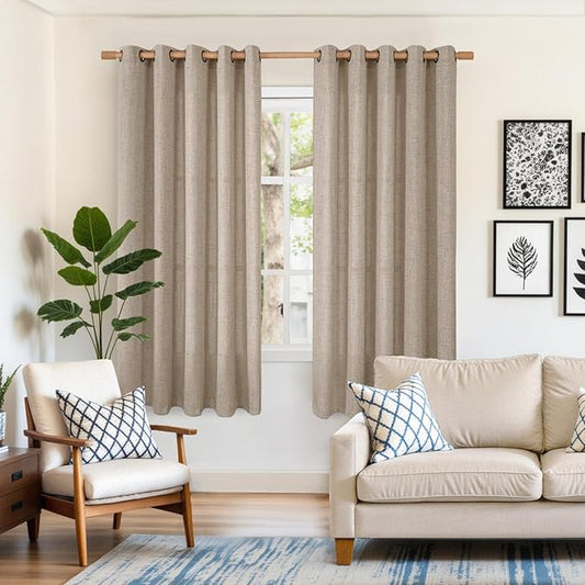 YoungsTex Linen Curtains 63 Inches Length Textured Short Drapes with Bronze Grommet 60 Inch Wide Light Filtering for Living Room Bedroom Dining Room, Dark Oatmeal, 60 x 63 Inch, 2 Panels