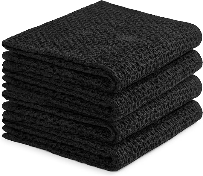 Cotton Waffle Weave Kitchen Towels - Pack of 4 (13x28 Inches) | Ultra Soft, Absorbent Dish Towels | Quick Dry Towel, Dish Cloths, Hand Towels & Dish Rags - Black (Kitchen Essentials)